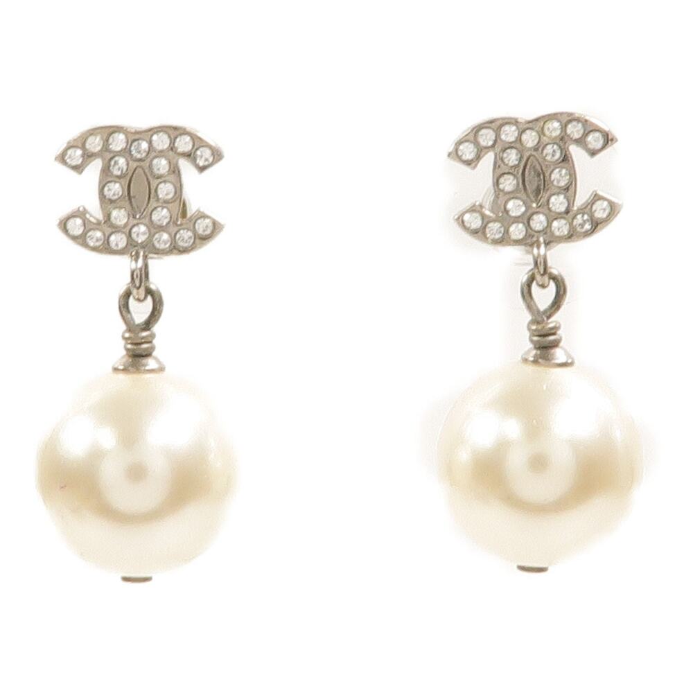 ✨🛍️ Chanel Silver CC Rhinestone & Faux Pearl Drop Earrings Pierced